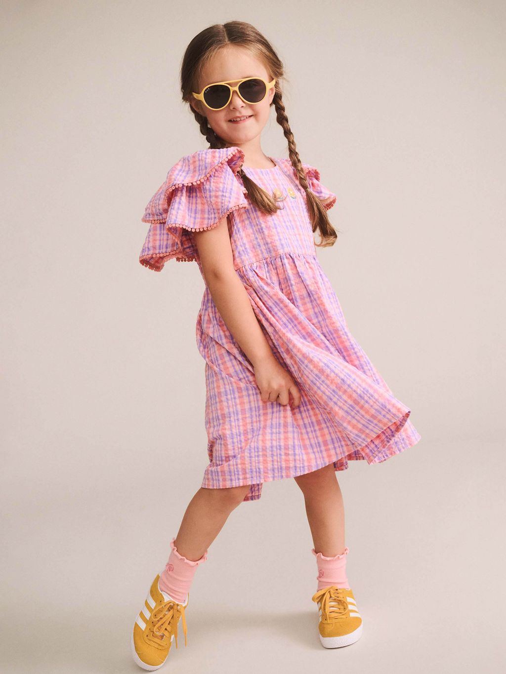 Floral Embroidered Tropical Check Dress