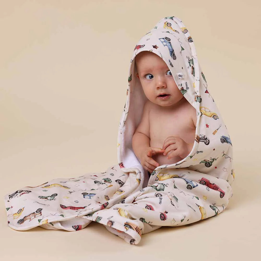 Organic Hooded Baby Towel Vintage Cars