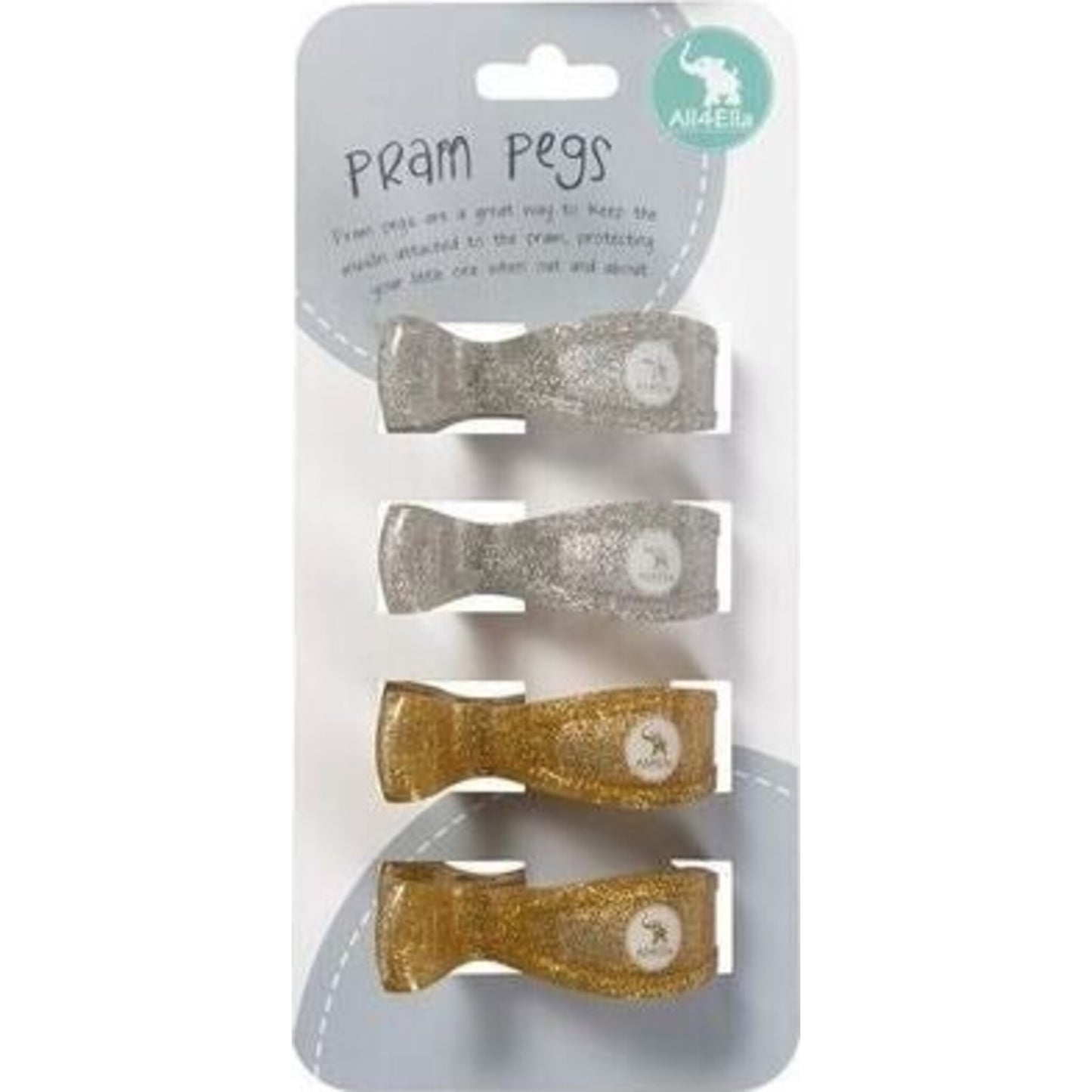 Pram Pegs 4pk Silver & Gold Glitter – children's product by All4Ella | Aster & Ruby