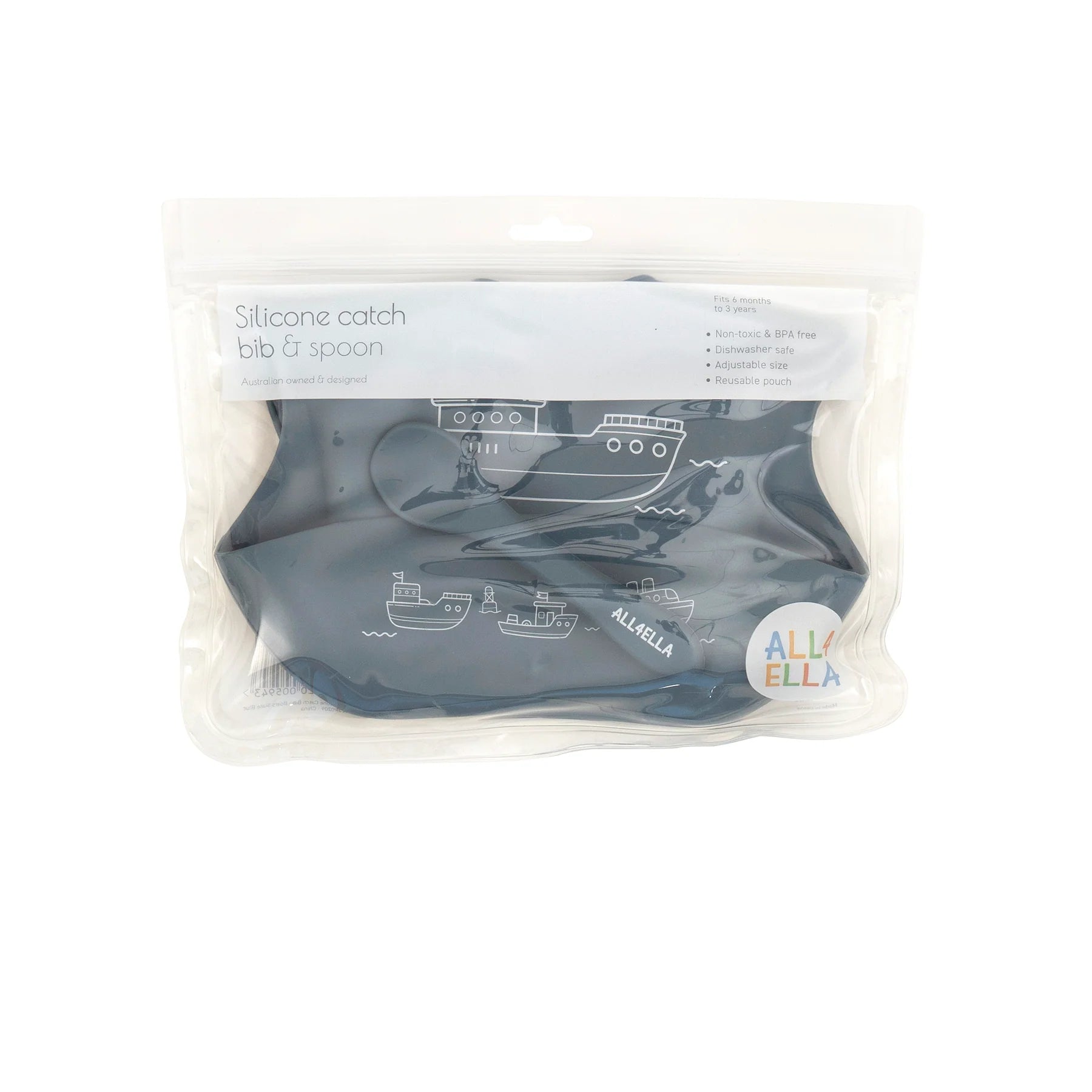 All4Ella Silicone Catch Bib & Spoon - Boats Slate Blue - Aster & Ruby