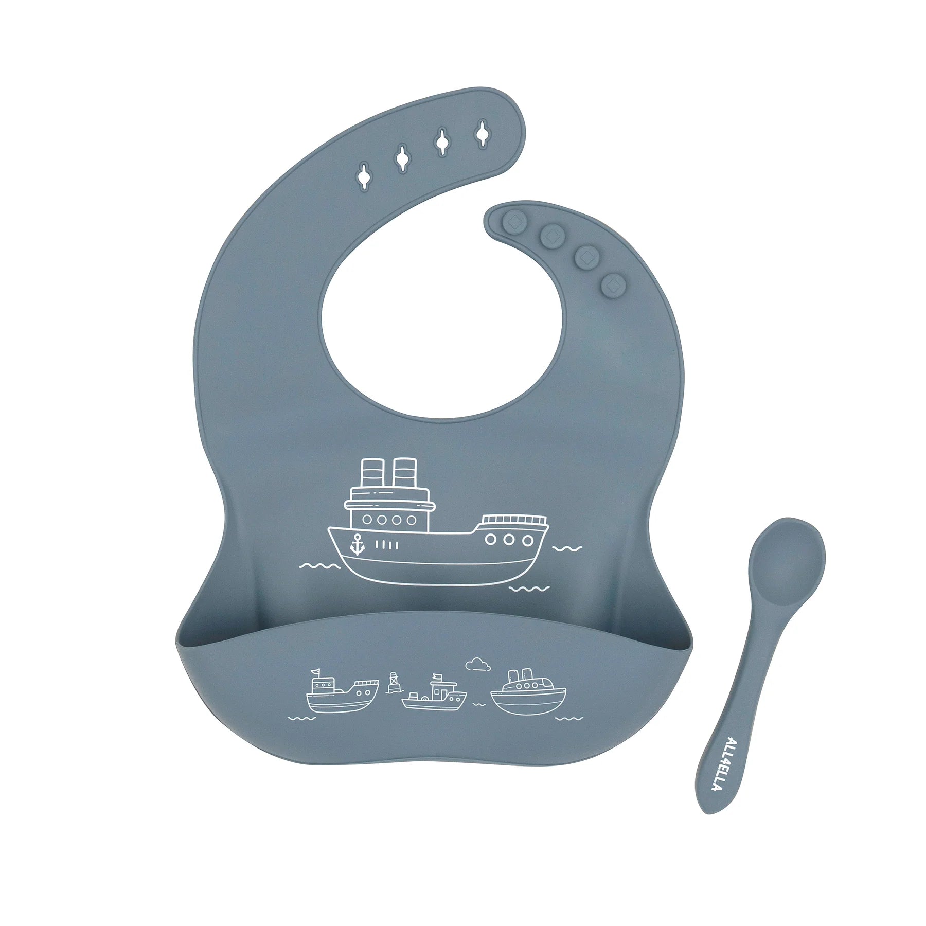 All4Ella Silicone Catch Bib & Spoon - Boats Slate Blue - Aster & Ruby