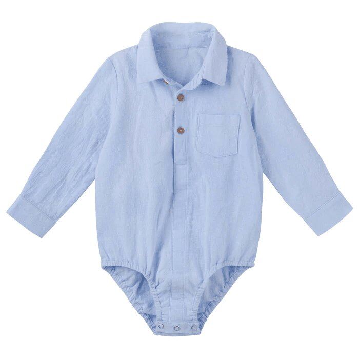 Archie Long Sleeve Button Romper Blue – OOO, OO, O, 1, 2 – Aster & Ruby