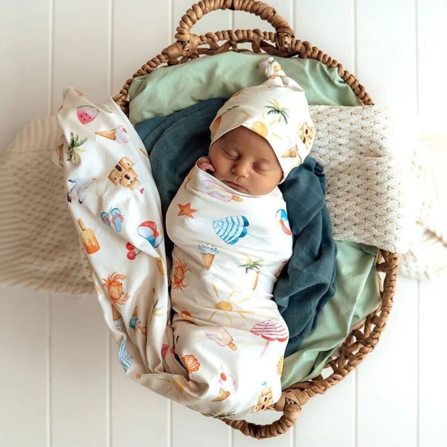 Beach Fun Organic Jersey Wrap & Beanie Set – children's product by Snuggle Hunny Kids | Aster & Ruby