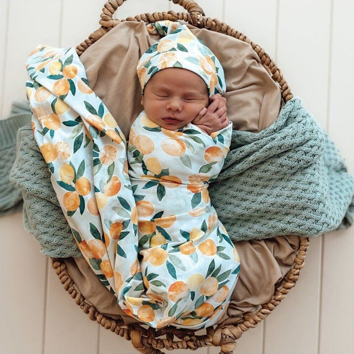 Snuggle Hunny Citrus Squeeze Organic Jersey Wrap & Beanie Set | Aster & Ruby