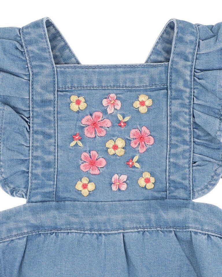 Embroidered Denim Romper – 00, 0, 1Y, 2Y, Mid Indigo Blue – Aster & Ruby