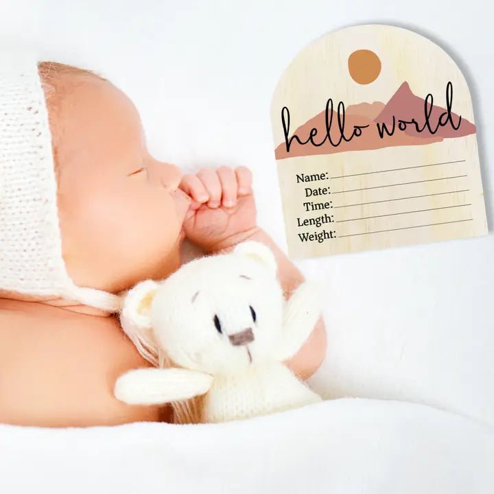 Hello World Desert Wooden Arch Birth Disc - Aster & Ruby