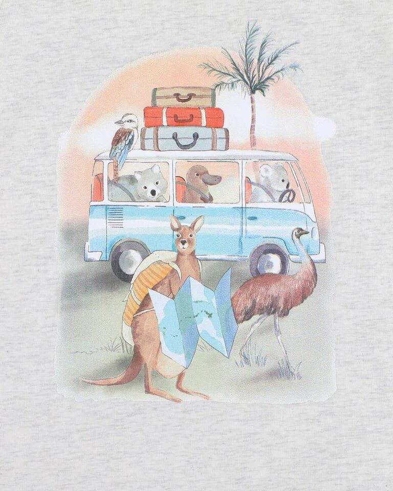 Ivan Camp Scene Short Sleeve Romper – NB, 0-3m, 3-6m, 6-12m, Ice Grey Marl – Aster & Ruby