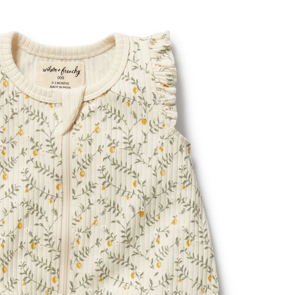 Lemon Leaf Organic Ruffle Zipsuit - Aster & Ruby