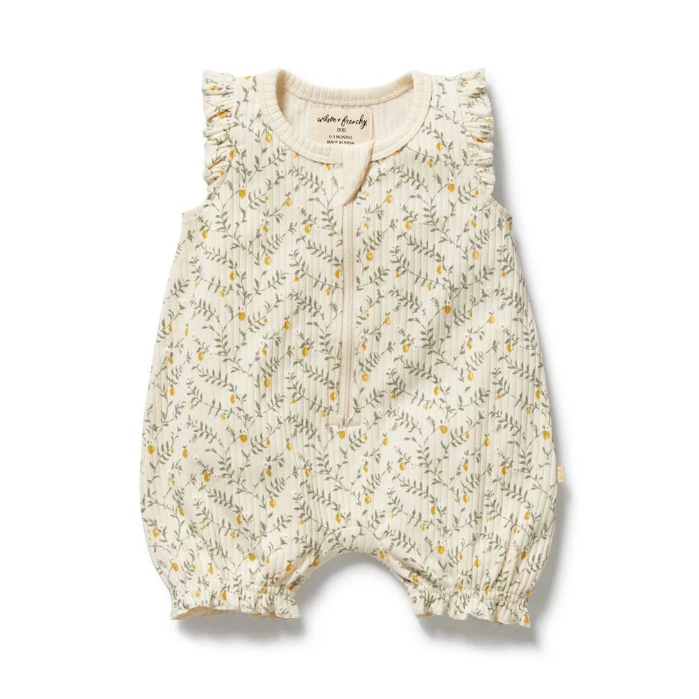 Lemon Leaf Organic Ruffle Zipsuit - Aster & Ruby