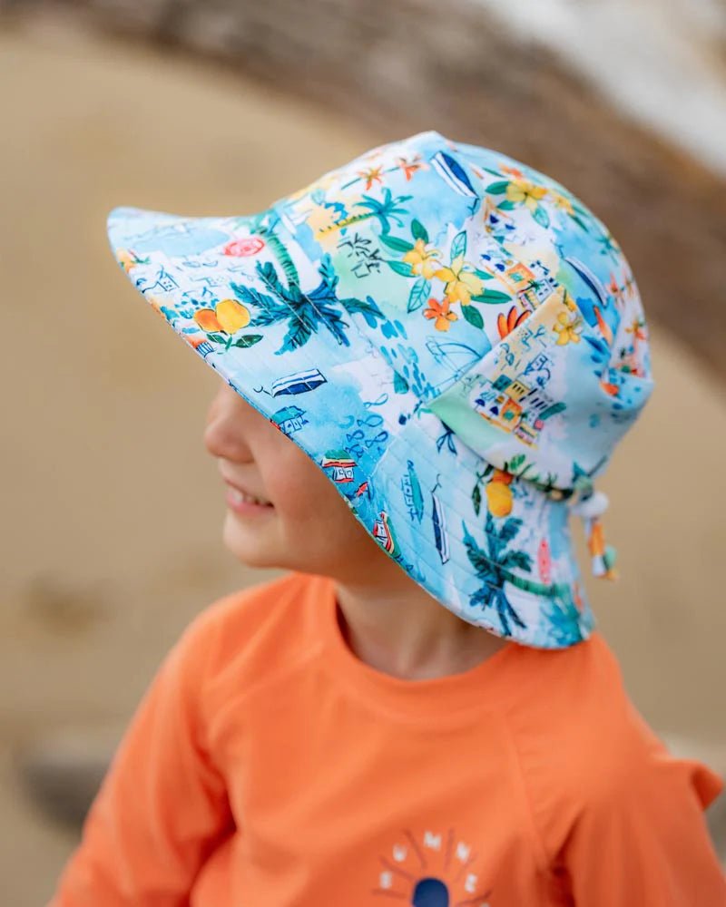 Luca Print Swim Hat with Quick Release Neck Tie - Aster & Ruby