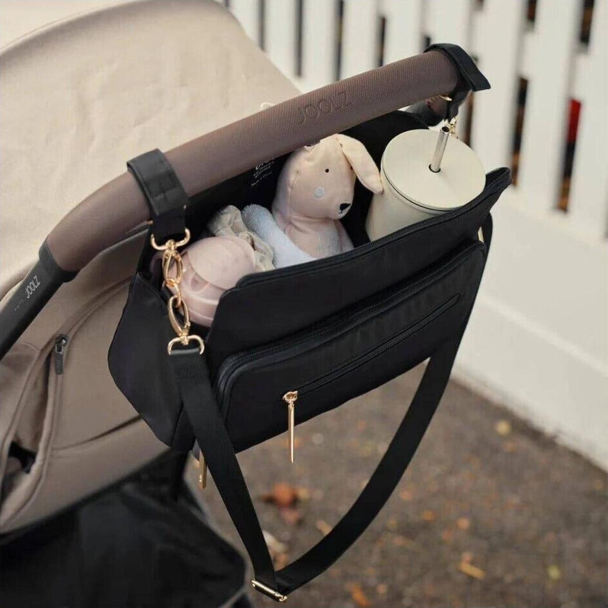 OiOi Multitasker Pram Caddy Black Nylon | Aster & Ruby