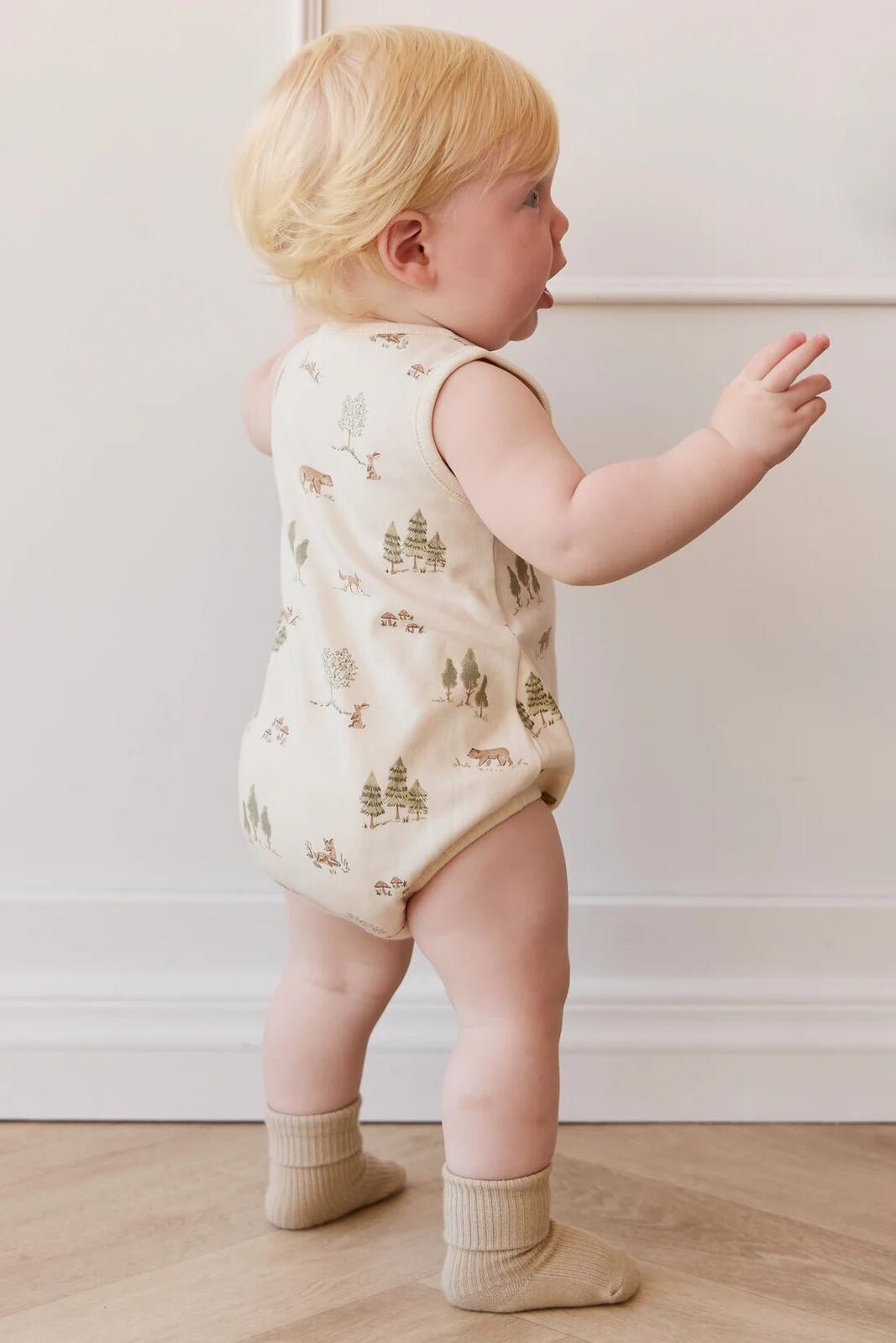 Organic Cotton Archie Playsuit Pine Forest Friends – 0-3M, 3-6M, 6-12M, 1YR – Aster & Ruby