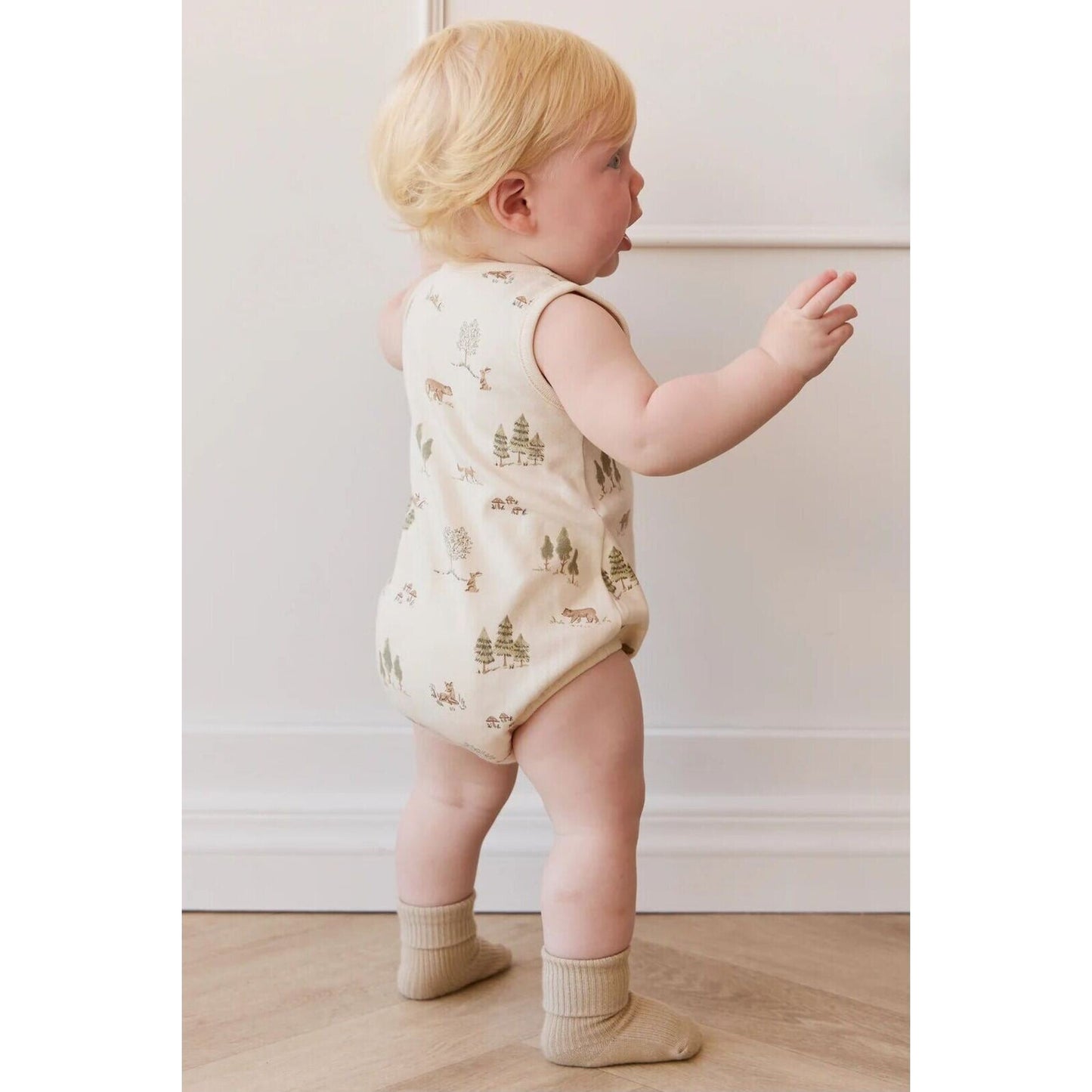 Organic Cotton Archie Playsuit Pine Forest Friends – children's product by Jamie Kay | Aster & Ruby