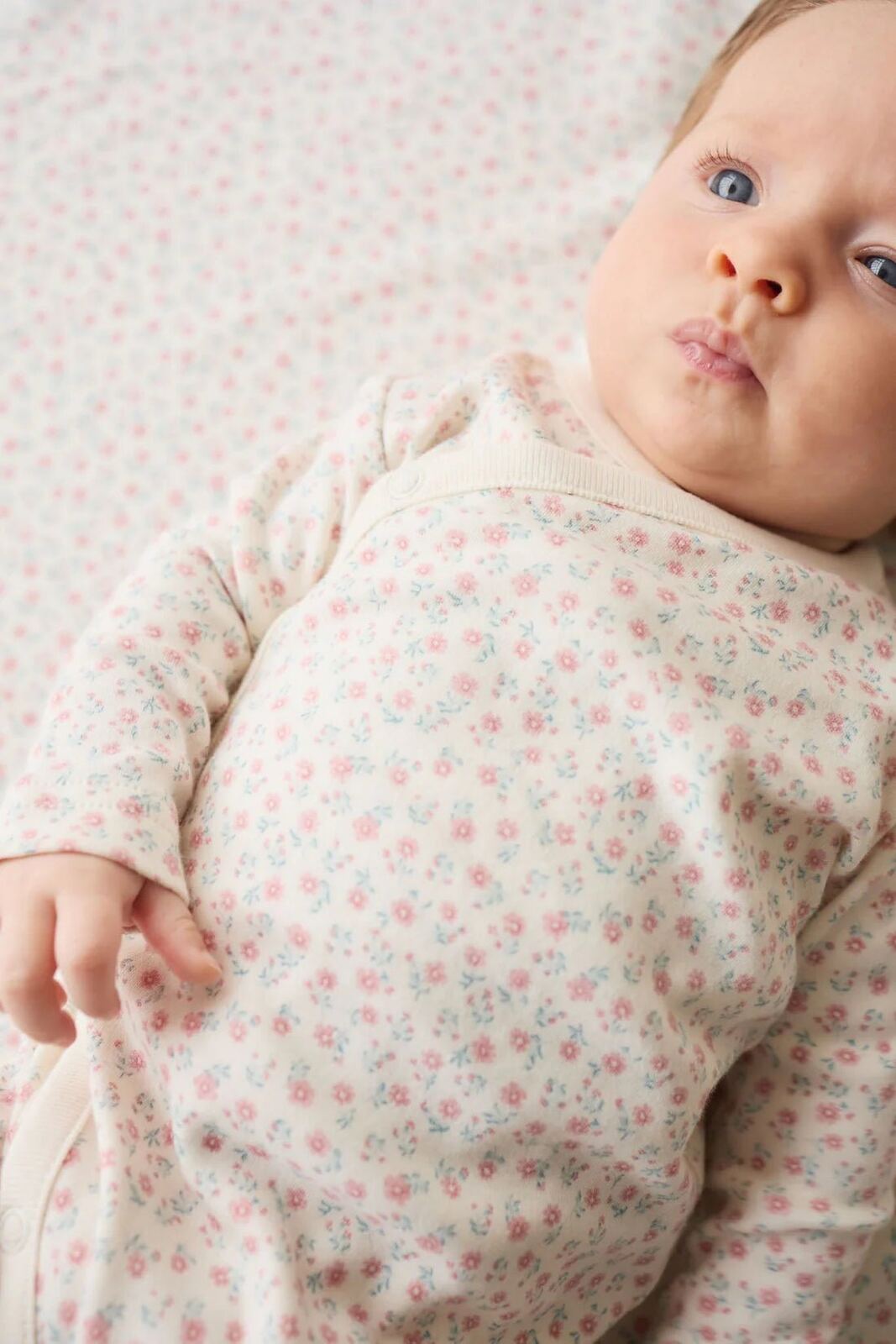 Organic Cotton Wrap Onepiece Posy Garden Pink – NB, 0-3M, 3-6M, 6-12M – Aster & Ruby
