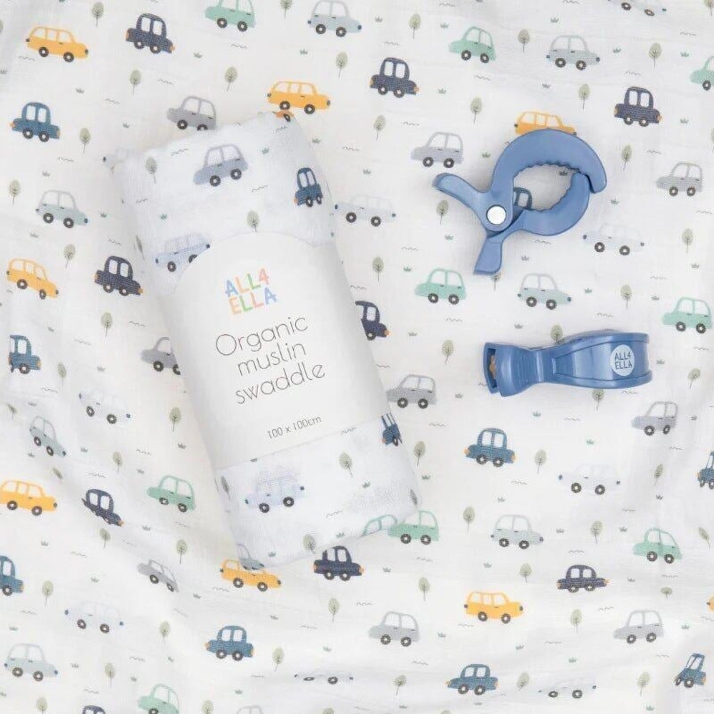 Organic Muslin Swaddle & 2 Pram Peg Gift Set - Beep Beep – children's product by All4Ella | Aster & Ruby