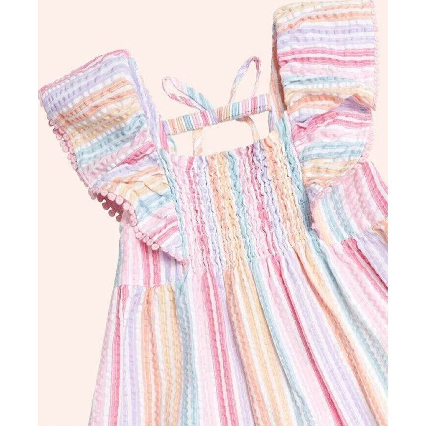 Rainbow Stripe Shirred Frill Dress – children's product by Huxbaby | Aster & Ruby