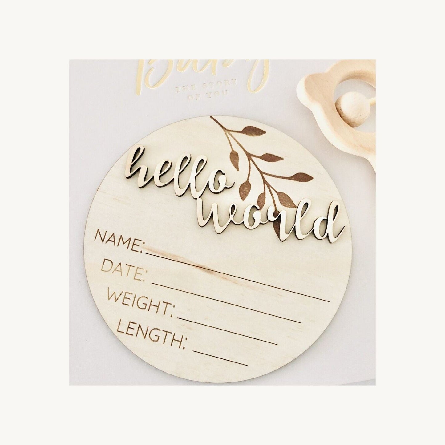 Hello World Classic Birth Announcement Disc – children's product by Timber Tinkers | Aster & Ruby
