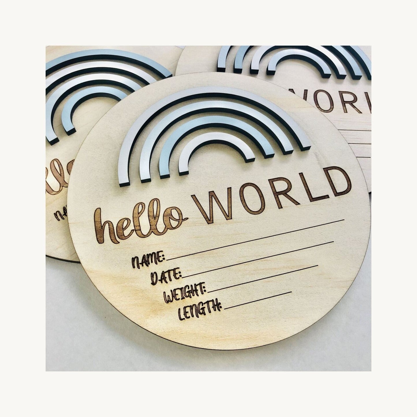 Hello World Rainbow Birth Announcement Blue Skies – children's product by Timber Tinkers | Aster & Ruby