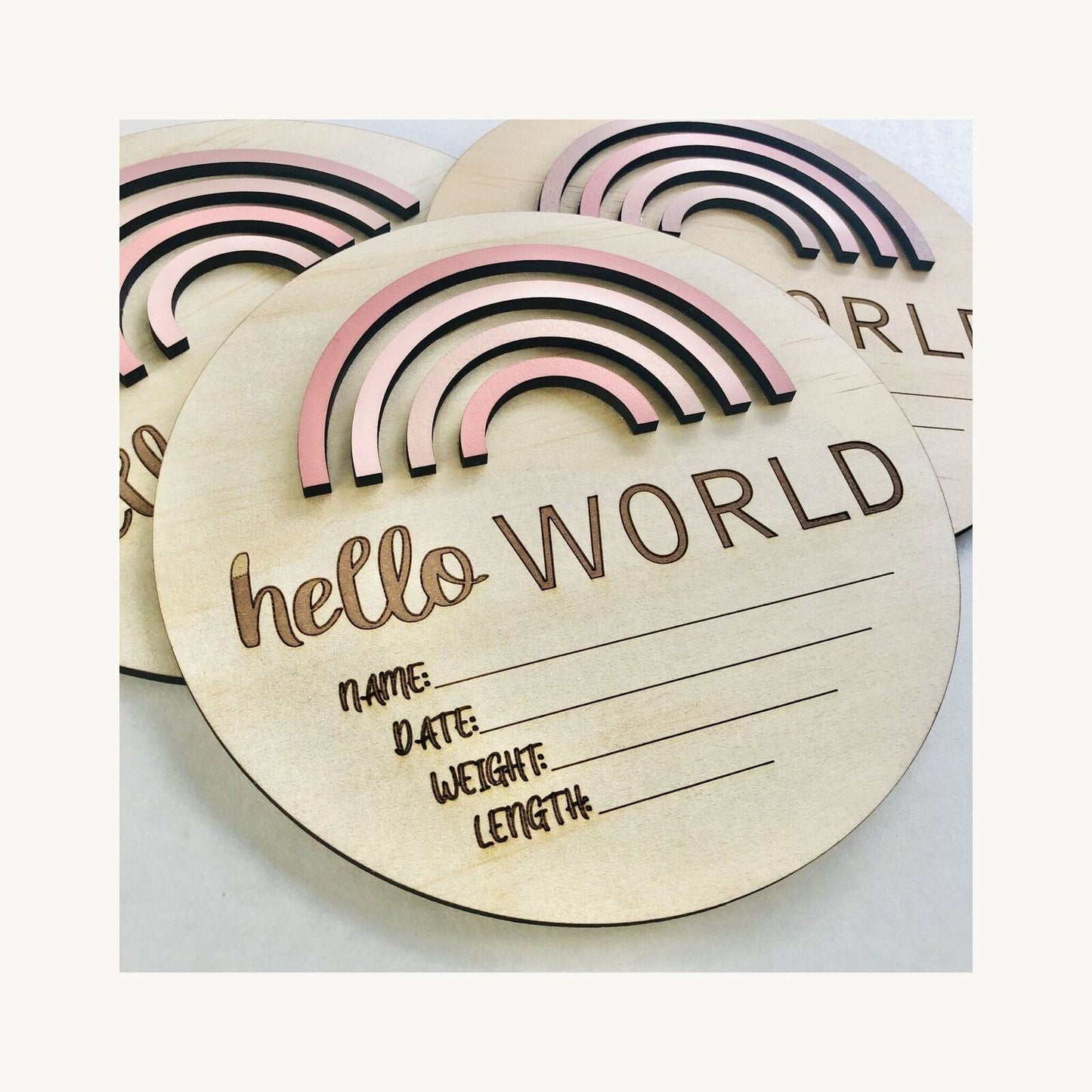 Hello World Rainbow Birth Announcement Pretty Pinks – children's product by Timber Tinkers | Aster & Ruby