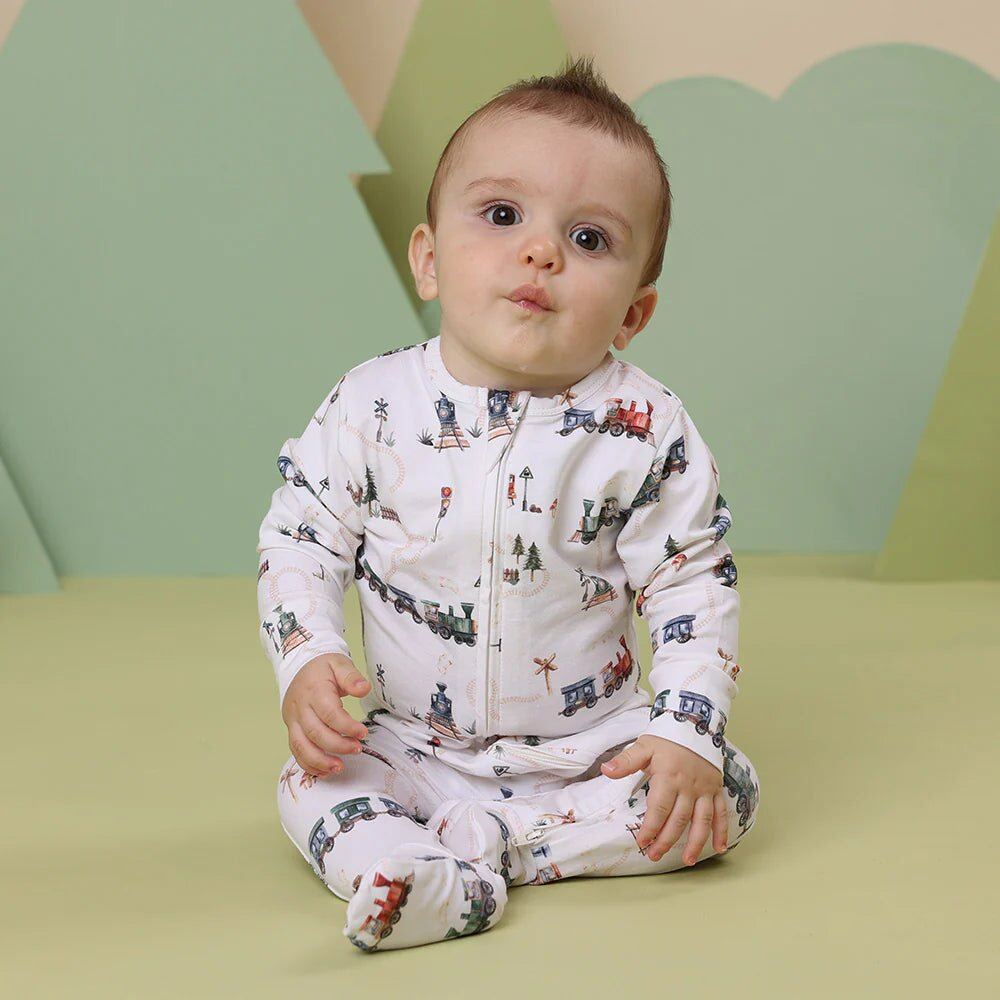 Trains Organic Snuggle Sleepsuit Zip Footie – NB, 0-3m, 3-6m – Aster & Ruby