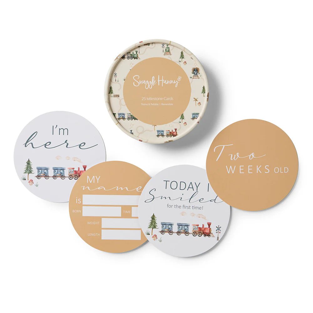 Trains & Pebble Reversible Milestone Cards - Aster & Ruby