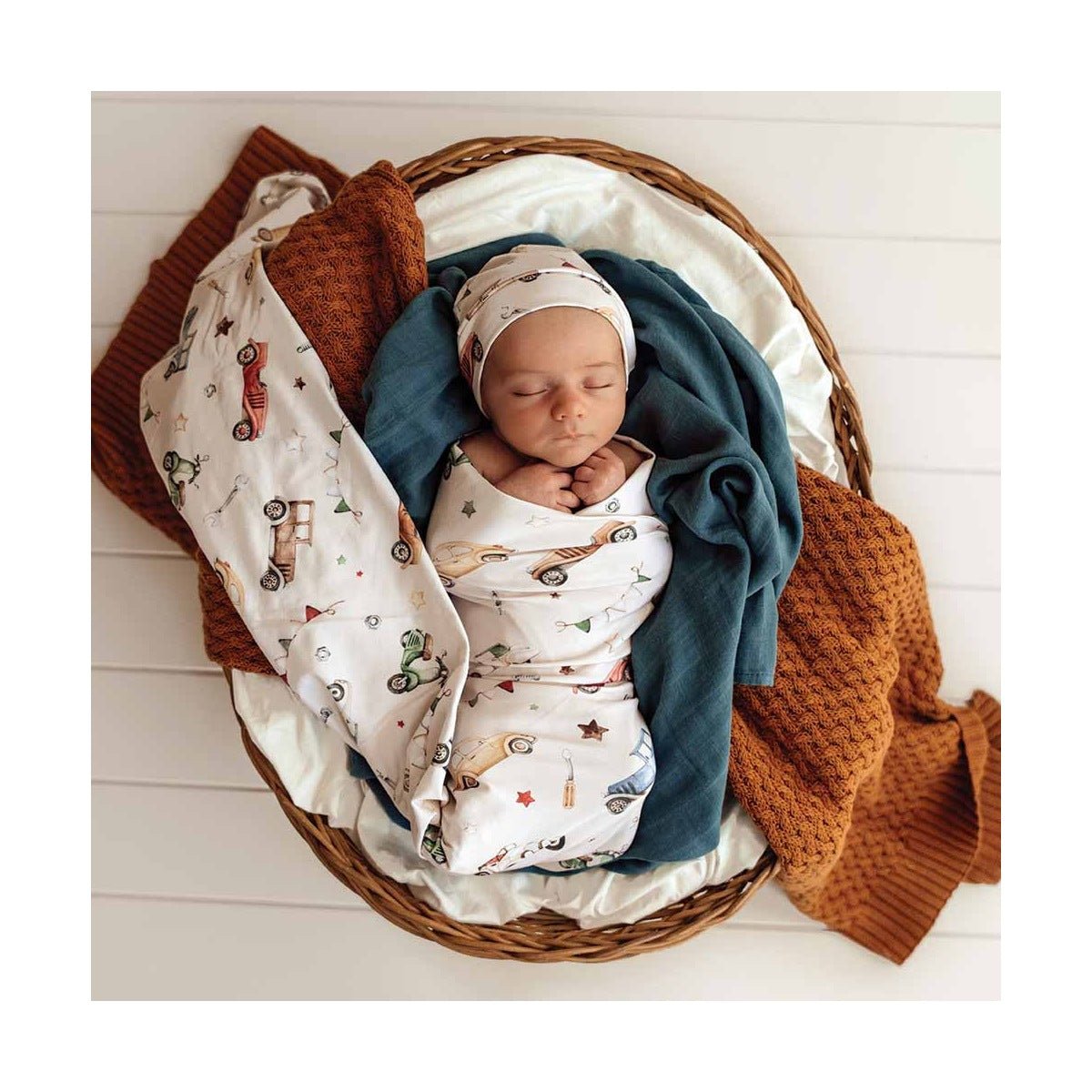 Vintage Cars Organic Jersey Wrap & Beanie Set - Aster & Ruby