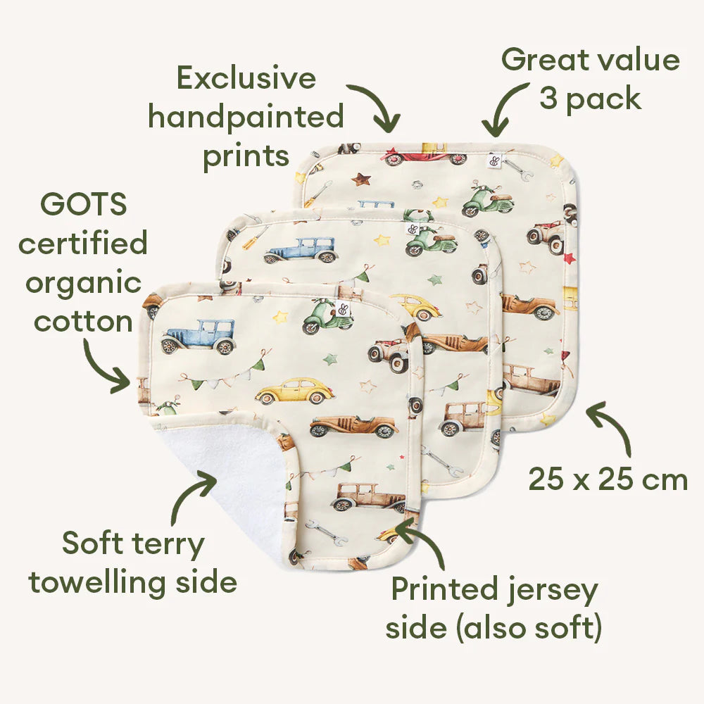Organic Wash Cloths 3pk Vintage Cars