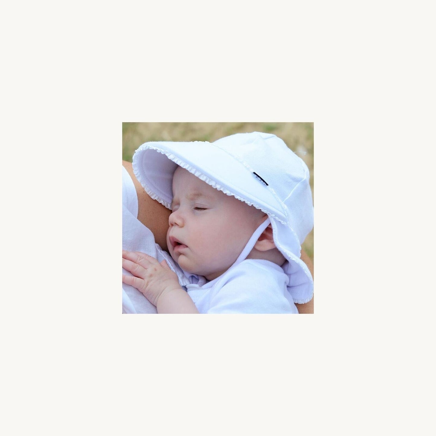 White Ruffle Trim Legionnaire Flap Hat – baby sunhat for warm weather by Bedhead | Aster & Ruby