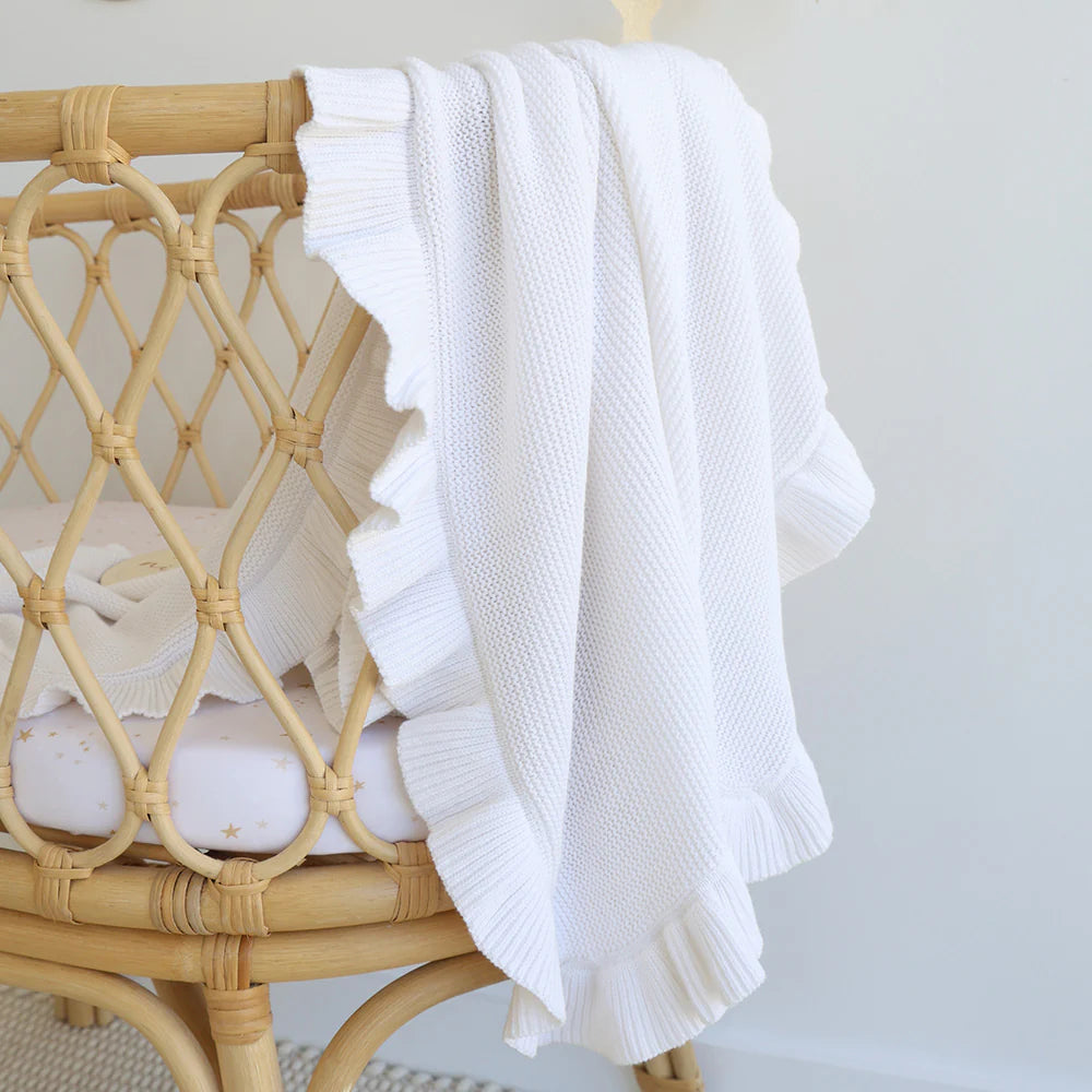 White Ruffle Knit Organic Baby Blanket