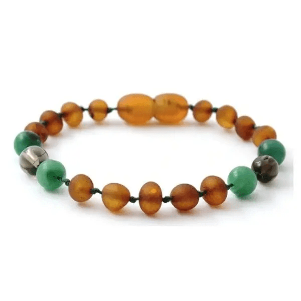 Amber Bracelet Cognac Raw, African Jade & Smokey Quartz | Baby 14cm - Aster & Ruby