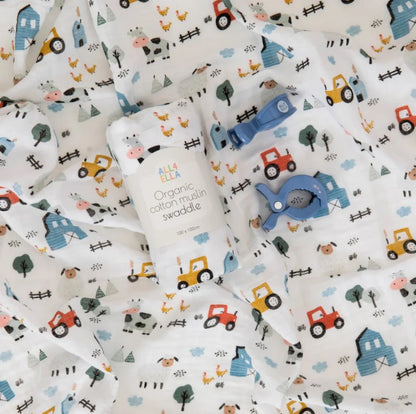 Muslin wrap & 2 Pram Pegs Barnyard