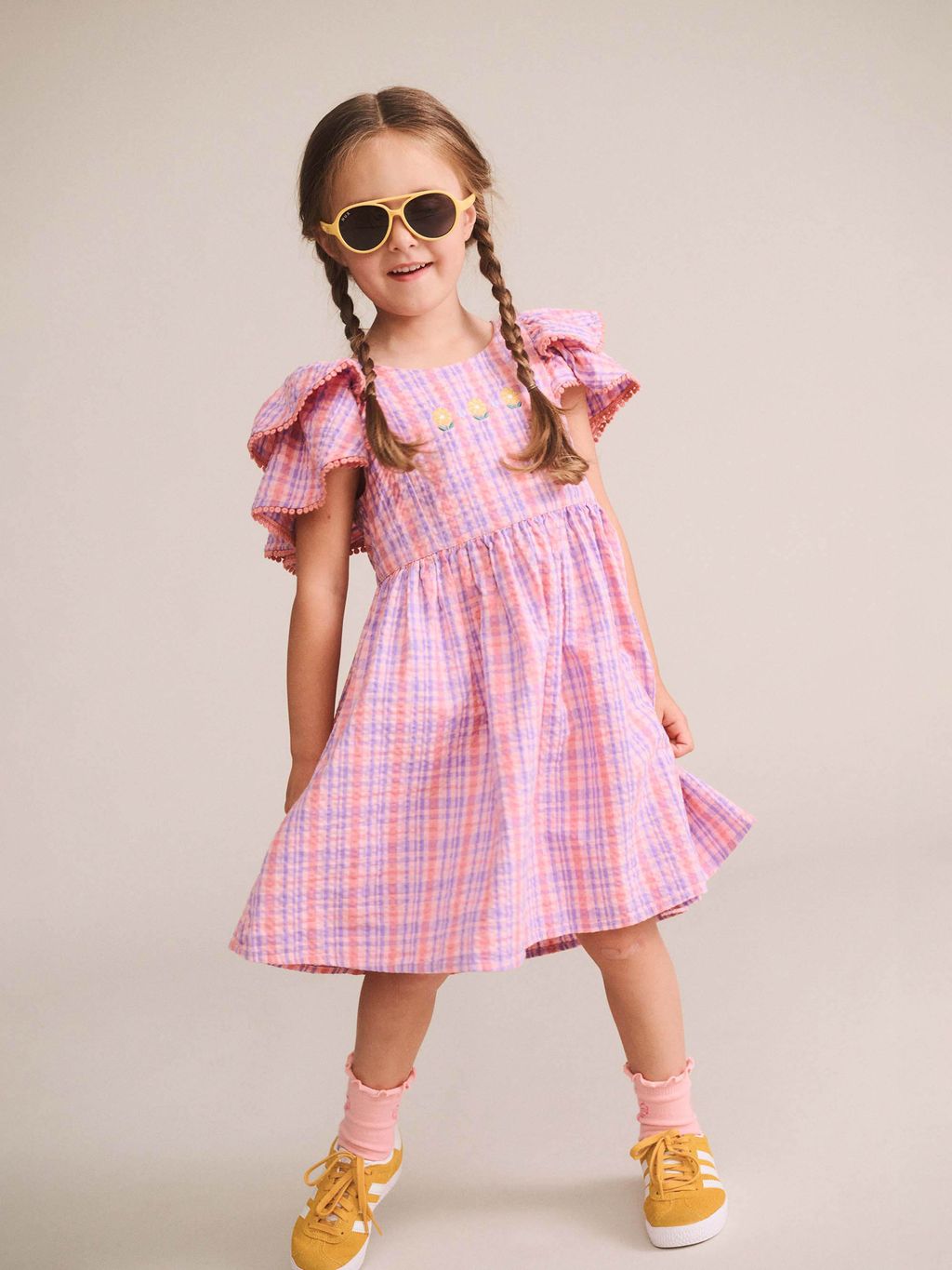 Floral Embroidered Tropical Check Dress