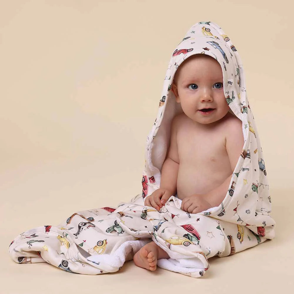 Organic Hooded Baby Towel Vintage Cars