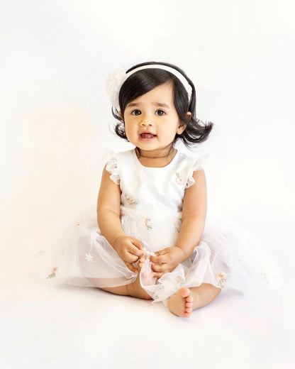 Ivory Floral Embroidered Overlay Dress