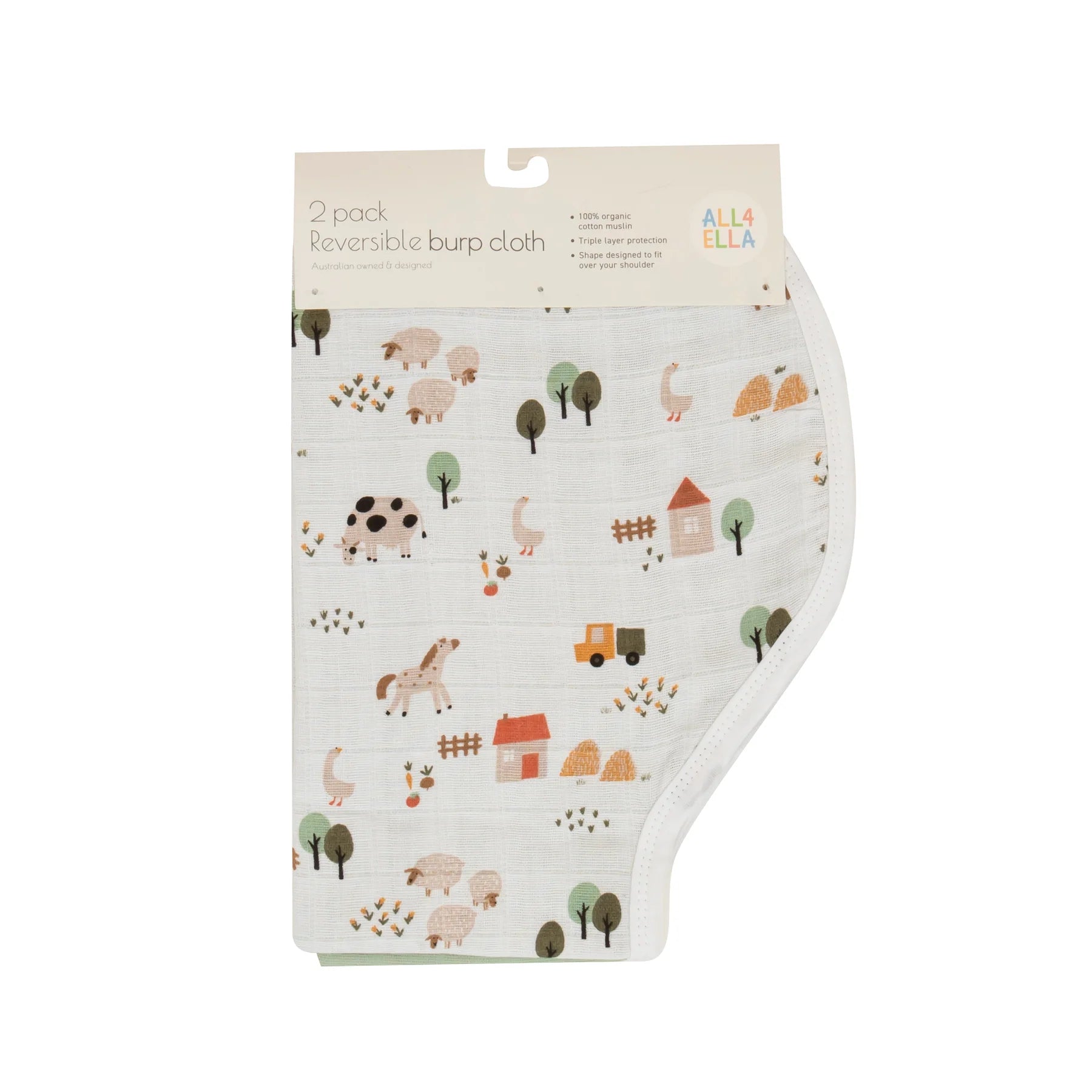 All4ella Organic Burp Cloth 2pk - Country Farm - Aster & Ruby