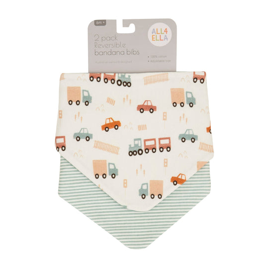 All4ella Reversible Banda Bibs 2pk - Blue Trucks - Aster & Ruby