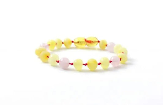 Amber Bracelet Milky Polished, Raw & Rose Quartz| Baby 14cm - Aster & Ruby