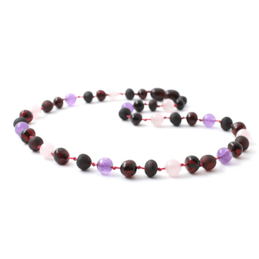 Amber Necklace Cherry, Rose Quartz & Amethyst | Baby 32cm-Aster & Ruby