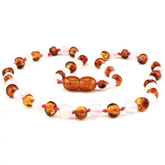 Amber Necklace Cognac and Rose Quartz | Baby 32cm - Aster & Ruby