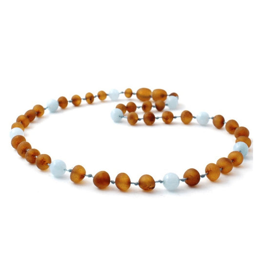 Amber Necklace Cognac Raw & Aquamarine | Baby 32cm-Aster & Ruby