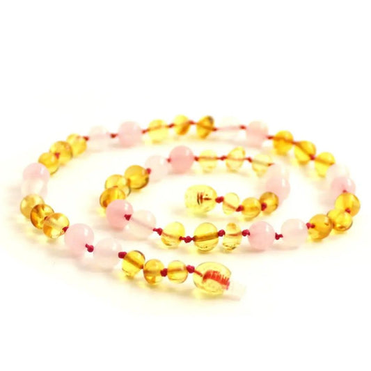 Amber Necklace Lemon Mix and Rose Quartz | Baby 32cm-Aster & Ruby