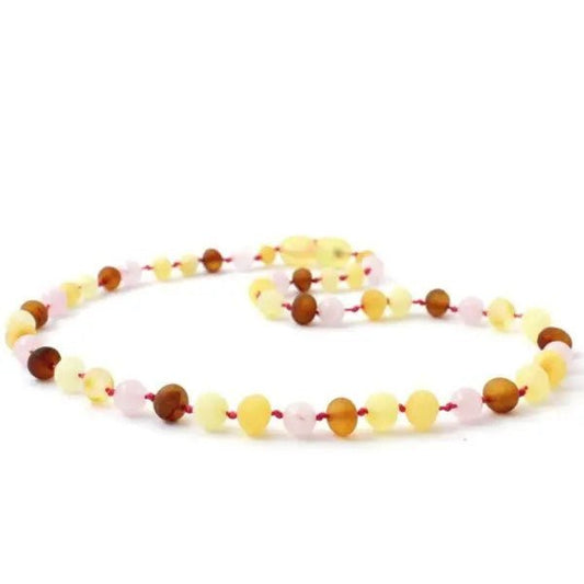 Amber Necklace Multi Raw & Rose Quartz | Baby 32cm - Aster & Ruby