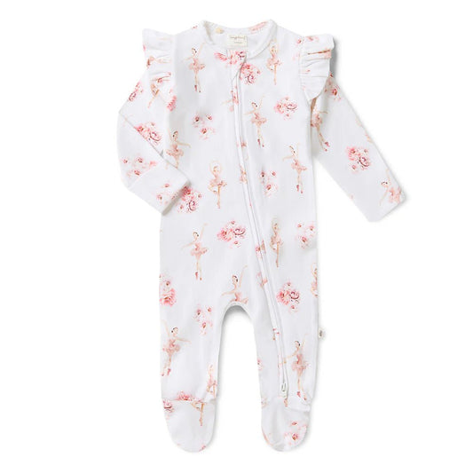 Ballerina Organic Snuggle Sleepsuit Zip Footie with Frill - Aster & Ruby