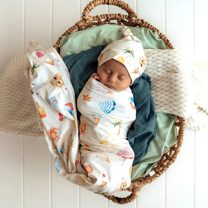 Beach Fun Organic Jersey Wrap & Beanie Set - Aster & Ruby