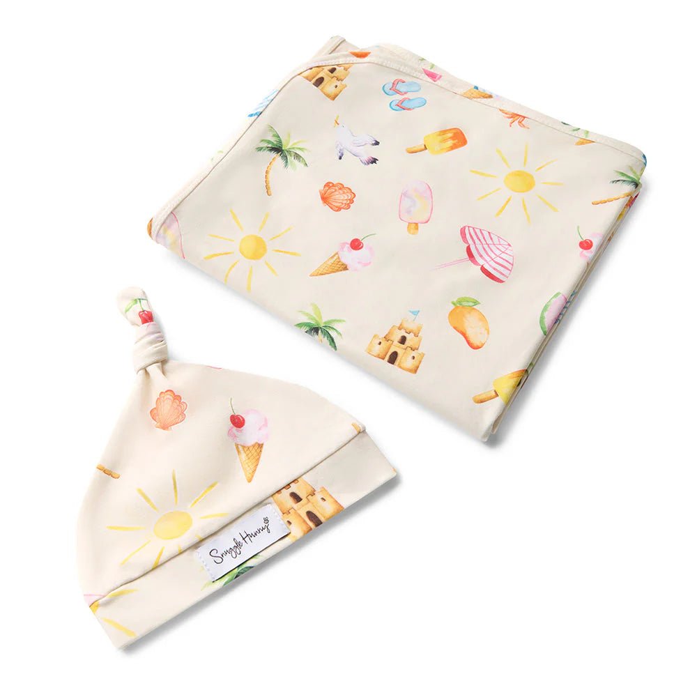 Beach Fun Organic Jersey Wrap & Beanie Set - Aster & Ruby