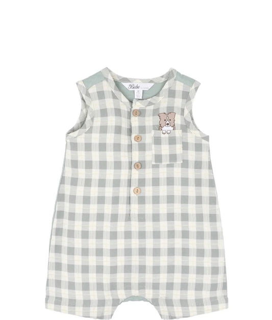 Bebe Chester Embroidered Check Romper - Sage Green - Aster & Ruby