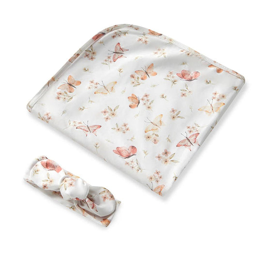 Butterfly Organic Jersey Wrap & Topknot Set - Aster & Ruby