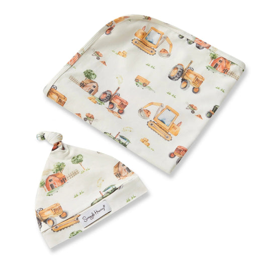 Diggers & Tractors Organic Jersey Wrap & Beanie Set - Aster & Ruby