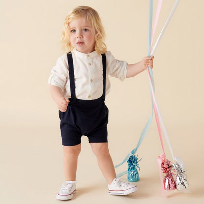Finley Linen Suspender Shorts - Navy – children's product by Designer Kidz | Aster & Ruby