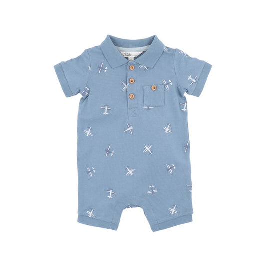 Harlan Embroidered SS Polo Romper - Aster & Ruby